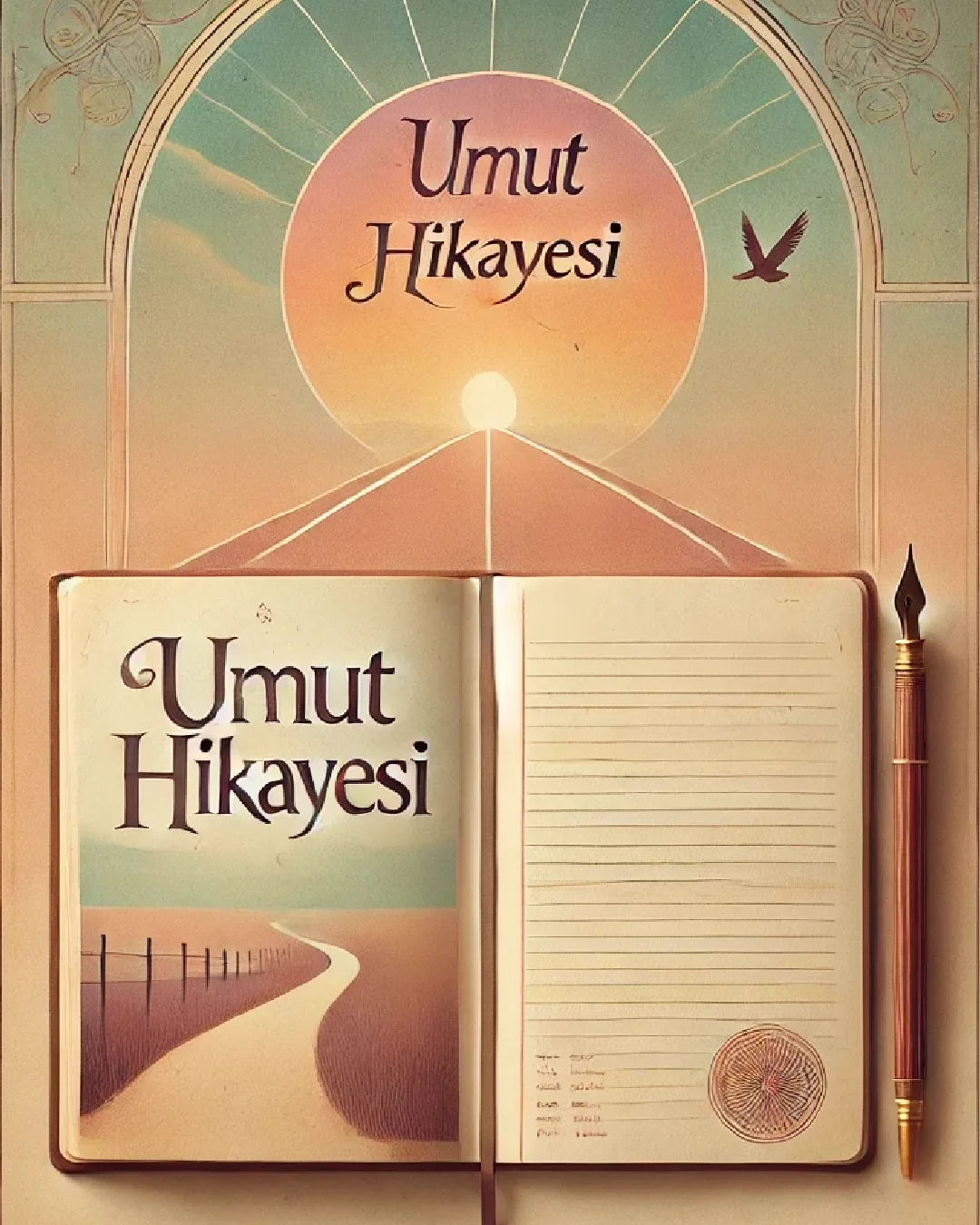 Umut Hikayesi yazılı, defter ve kalem ile birlikte gün doğumuna çıkan bir yol temalı, terapötik yazma ve umut kavramını yansıtan pastel tonlarda ilham verici görsel.